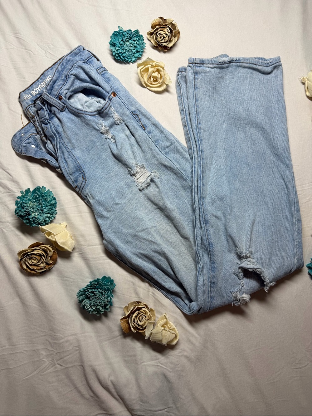 Boyfriend Jeans - Light Blue Distressed Women's Denim